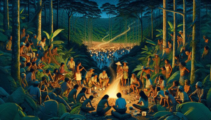 Fire-Starting Kits: Group of survivalists around a fire in the Amazon, cooking and purifying water, feeling relieved and united.