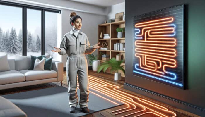 A cozy living room with a modern hydronic radiant floor heating system, a professional discussing benefits in Langley.