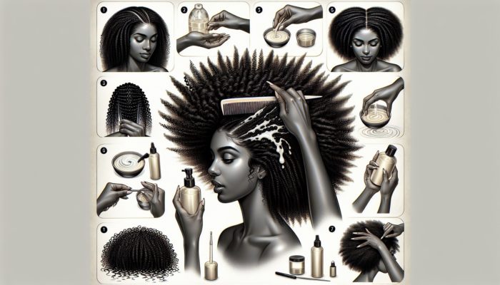 Afro-textured hair care: clean, damp, LOC method, sectioned, detangler, gentle styling, wide-tooth comb, heat activation, sealed for shine.