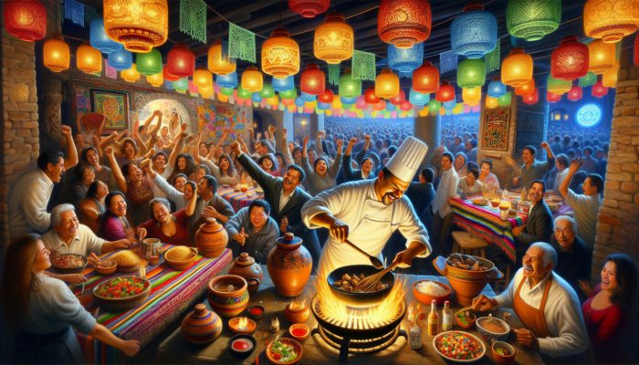 A vibrant Mexican restaurant with traditional decor, authentic dishes, and community celebration of cuisine's authenticity.