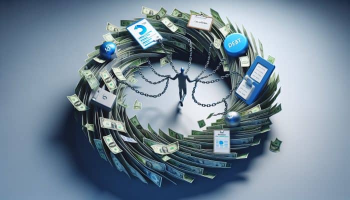 How to Consolidate Debt Without Hurting Credit: UK Guide | DCL A person entangled in debt chains and money vortex, with blocked "Consolidation" path due to new debts and missed payments.