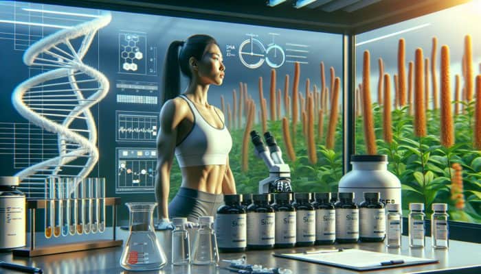 Athlete in lab with genetic testing equipment, personalised sleep supplements, and ashwagandha plants for stress relief.