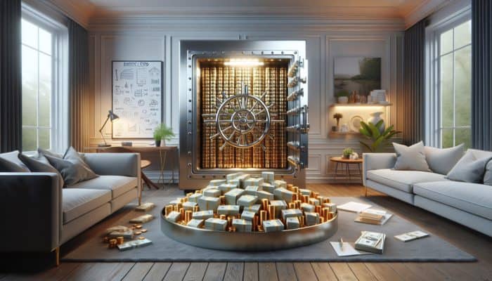 Surviving Economic Collapse: A secure vault with gold coins and cash, symbolising a robust emergency fund, in a stable household.