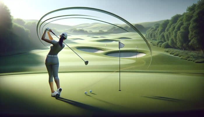 Golfer executing a perfect cut shot on a lush green course, ball curving towards the flag.