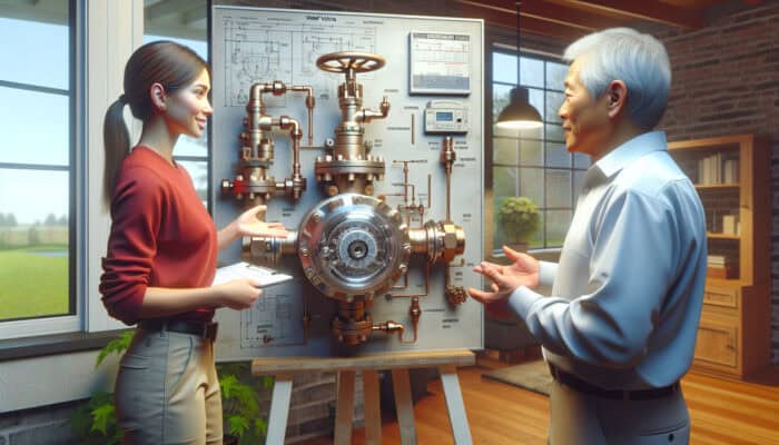 Diagram of a water shut-off valve in a modern Ladner home, with a technician explaining to a homeowner.