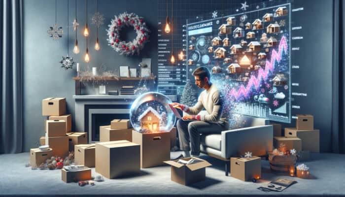 Person reviewing house clearance quotes on laptop amidst moving boxes and seasonal decor, with market rate chart.