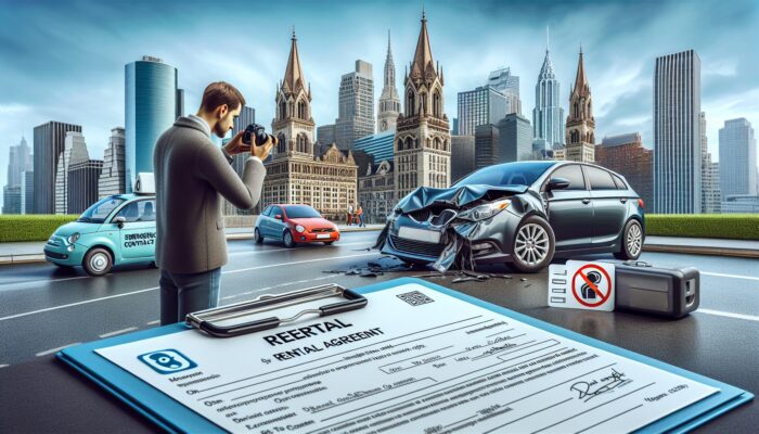 Person documenting damaged rental car with agreement and emergency contacts in an international city.