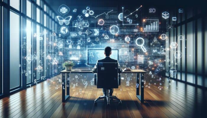 Person analysing SEO data on computer, surrounded by keywords and graphs in modern office.