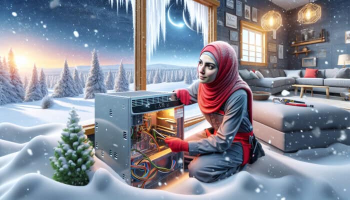 Heating Services in Mission: A technician installs an energy-efficient furnace in a snowy Canadian home for winter comfort.