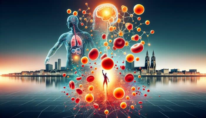 Vitamin B12 Blood Test in Derby: Illustration of Vitamin B12 molecules boosting nervous system and red blood cells, with Derby skyline.