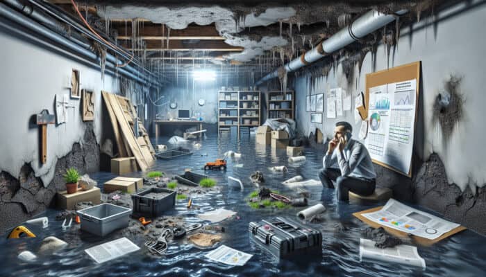Drainage Repair Services in Vancouver: A flooded basement showing water seepage, mould, and a homeowner calling for urgent repairs amidst structural damage.