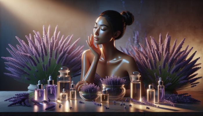 A woman applying lavender oil to her face in a serene spa setting with lavender plants and essential oil bottles.