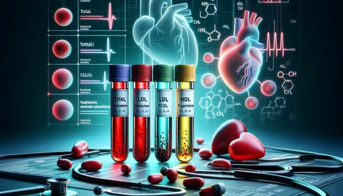 Cholesterol Blood Test in Luton: Illustration of a cholesterol blood test with labeled vials and a heart diagram.