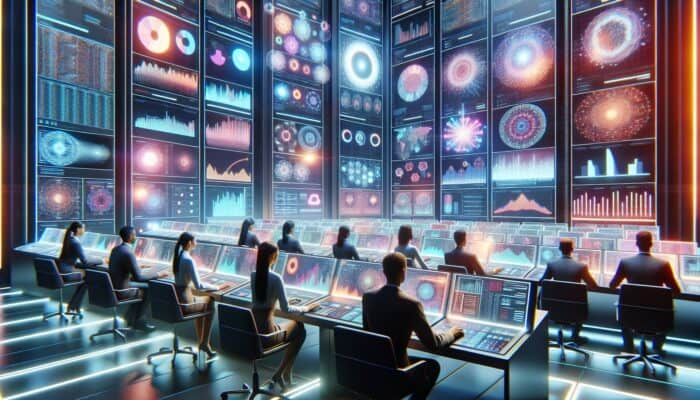 Futuristic control room with screens showing video ads, experts analysing data, and holographic optimisation charts.