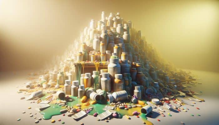 Bottles of low-quality multivitamins leaking, surrounded by outdated labels and harmful additives on a cluttered table.