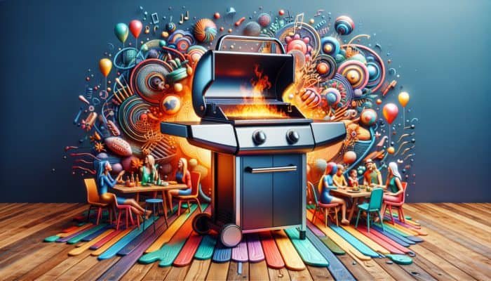 How to Choose a Grill with Multiple Burners: A modern gas grill on a vibrant patio with a busy family enjoying a spontaneous barbecue.