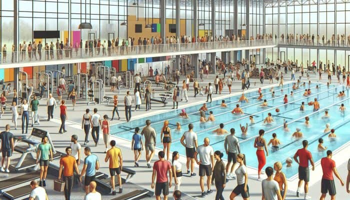 A vibrant community sports center with diverse groups engaging in affordable fitness activities like gym workouts, swimming, and group classes.