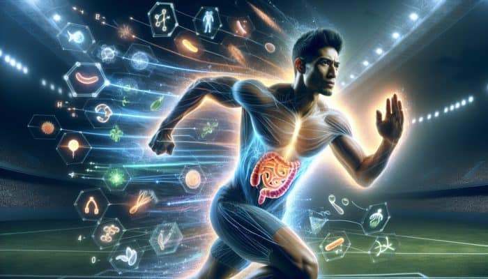 Athlete with healthy gut microbiome, surrounded by nutrients and energy, showing enhanced performance and recovery.
