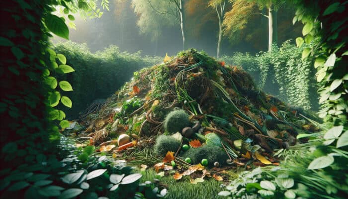 Green Waste Guidelines for Home Clearance: A pile of organic garden waste in a vibrant garden, representing eco-friendly waste management.