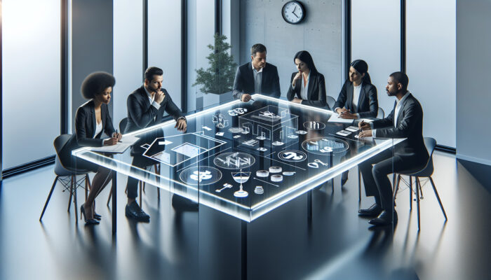 A group of property law experts discussing cost management and legal prioritisation in a conference room.