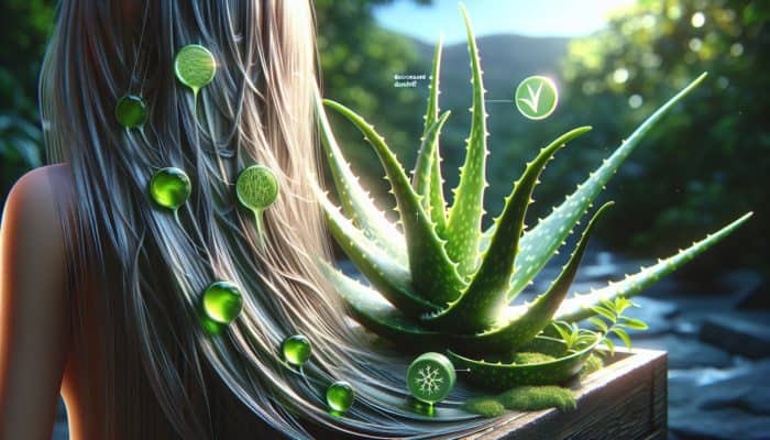 Aloe vera gel applied to lush hair, improving texture, shine, and reducing dandruff.