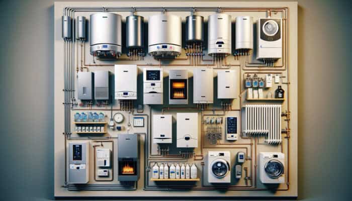 Boiler Services in North Vancouver: A showroom in North Vancouver displaying various boilers: combi, system, and regular, for different heating needs.