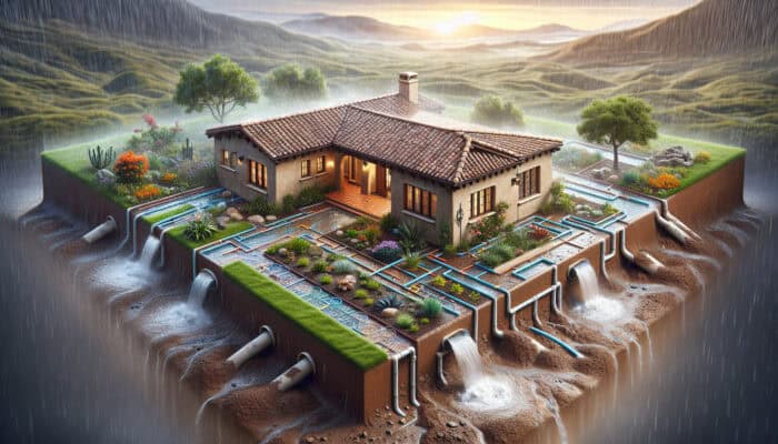 Landscape Drainage Services in Mission: A Mission-style home with effective landscape drainage systems managing heavy rain, preventing erosion and flooding.