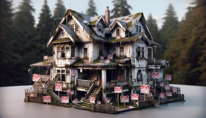 A neglected house in Kitsilano displaying water stains and mould, surrounded by 'For Sale' signs.