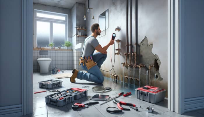 A plumber utilises a moisture meter on a damp wall and pressure testing tools on pipes in a modern bathroom.