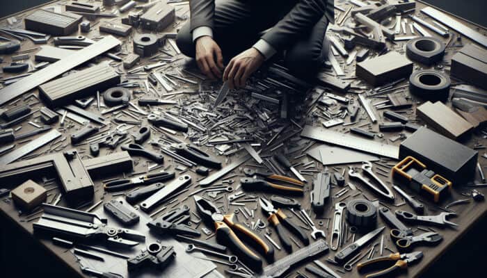 A person choosing multi-purpose tools on a cluttered table, with dismantled furniture and a utility knife.