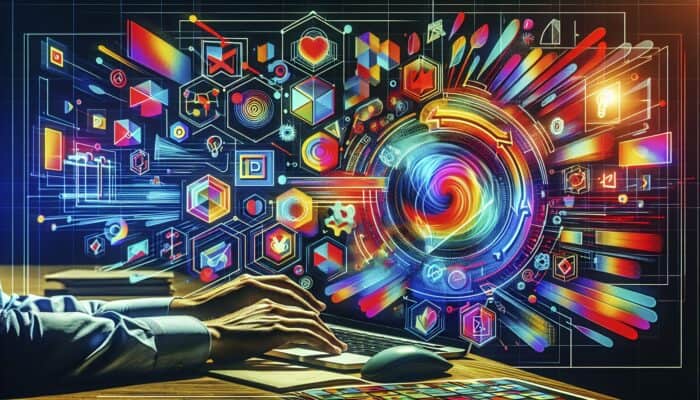 Person customising ad template on Canva using laptop, surrounded by colourful design tools.