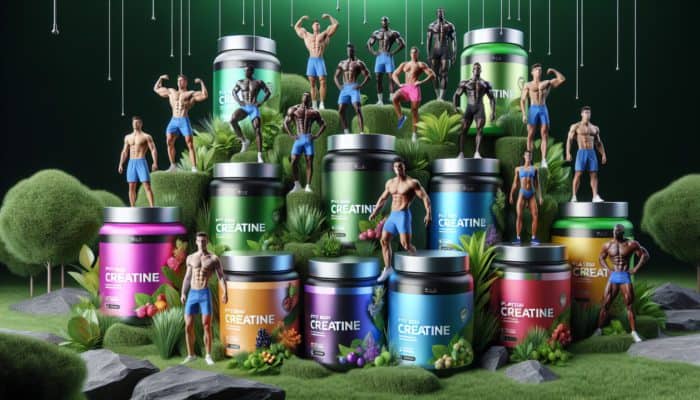 Plant-based creatine supplements in eco-friendly packaging, surrounded by greenery and active athletes.