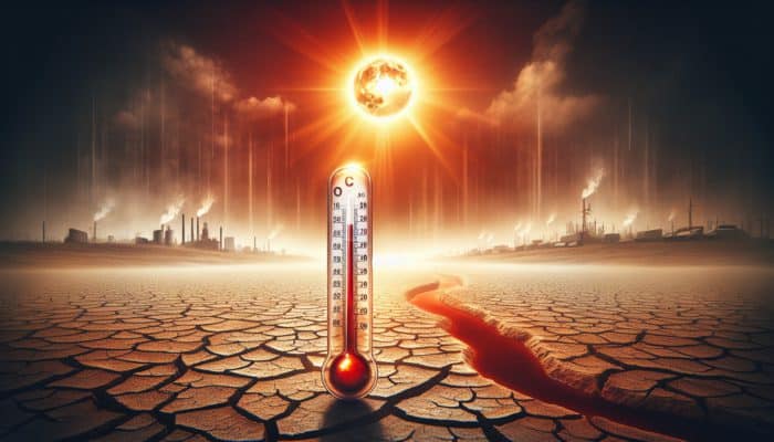 Surviving a Drought: Cracked landscape, blazing sun, high temperatures, dry riverbed, urban sprawl, symbolizing drought impacts.