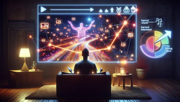 A viewer engaged with a playlist on a screen, with graphs indicating increased retention, in a cosy room.