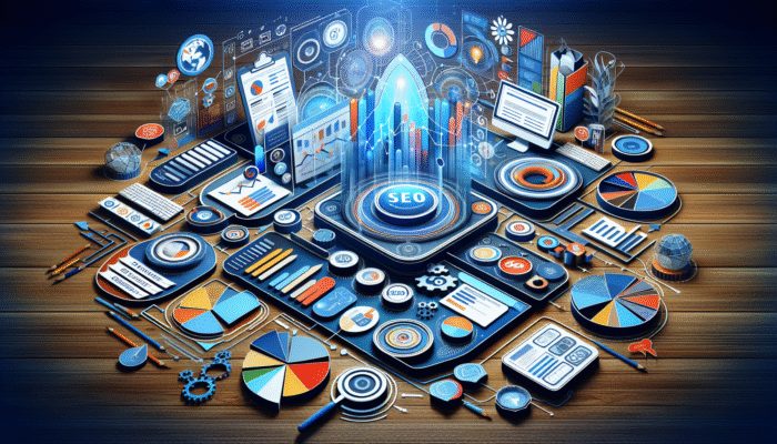 A digital marketing dashboard showing SEO analytics, keywords, and graphs improving website rankings and traffic.
