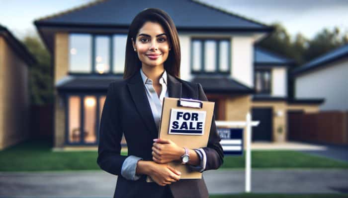 A confident estate agent with a "For Sale" sign and property details in front of a modern mid-level home.