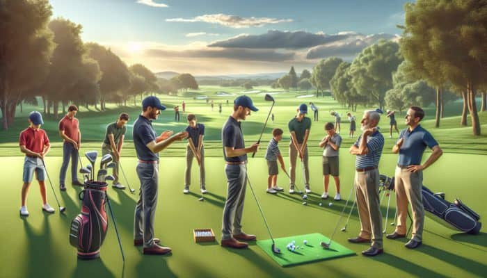 Diverse golfers at Pongola Golf Club receiving personalized training from enthusiastic coaches on lush green fairways.