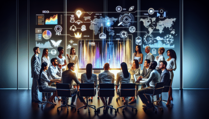 A group of professionals viewing SEO analytics on a computer screen in a modern office.