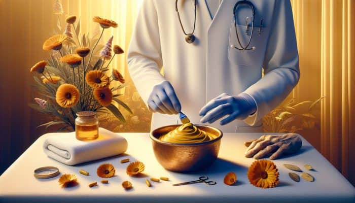 A healthcare professional applies calendula ointment to a wound, with dried flowers and paste nearby in a clinical setting.