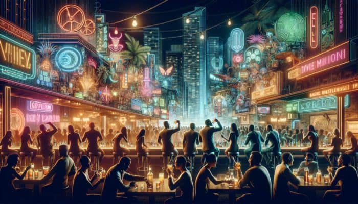 Best Las Vegas Bars for Tequila Shots: Iconic Las Vegas bars like Losers Most Wanted and The Chandelier, vibrant with neon lights, music, and premium tequila shots.