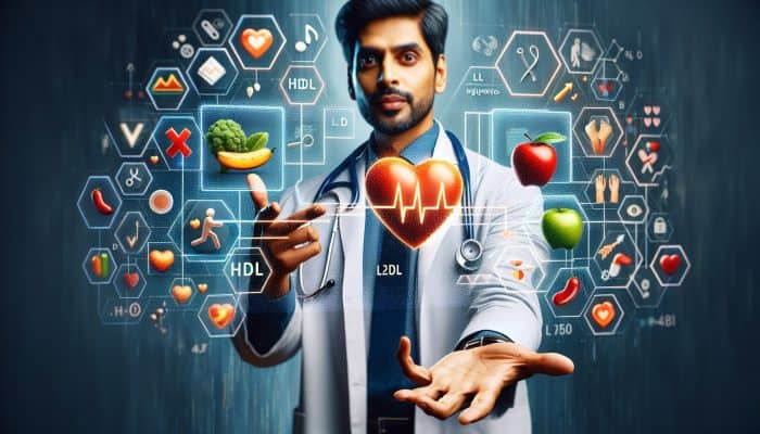 A doctor reviewing cholesterol test results on a screen, explaining HDL, LDL, and triglycerides with charts.