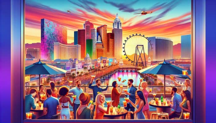 A vibrant Las Vegas rooftop bar at sunset with people enjoying cocktails, city skyline, High Roller, and STRAT tower.