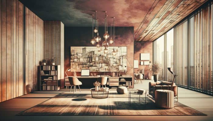 A muted auburn backdrop in a sleek urban interior, showcasing diverse textures and colors with rustic charm.