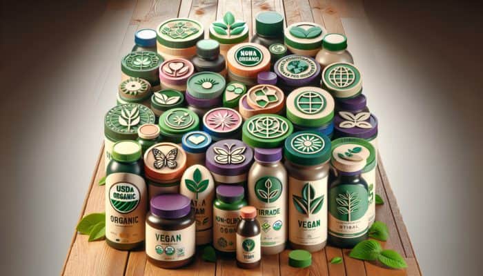 Eco-friendly supplement bottles with USDA Organic, Non-GMO, Fair Trade, and Vegan certifications on a sustainable wooden table.