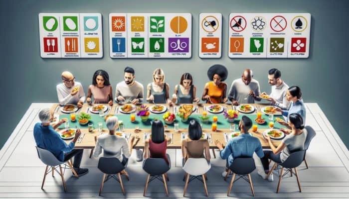 A diverse group enjoying allergen-free, vegetarian, vegan, and gluten-free dishes at a dinner table, with clear allergy cards displayed.