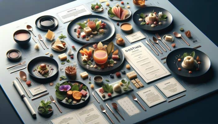 An elegantly composed multi-course tasting menu featuring small, artistic plates that showcase culinary artistry and thematic coherence.