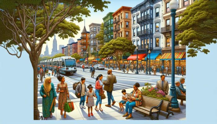A bustling urban scene showcasing easy public transport access, vibrant neighborhoods, and family-friendly parks.
