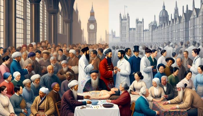 Acupuncture for Energy Flow Balance: 17th-century Chinese acupuncturist treating a patient in Britain, contrasted with a modern UK clinic bustling with diverse patients and practitioners.