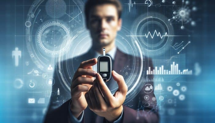 Blood Sugar Tests in Berwick-upon-Tweed: A person using a glucose meter to monitor blood sugar, with charts showing trends, for diabetes management.