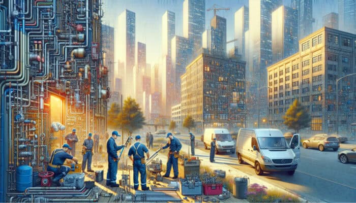 Expert plumbers working on commercial plumbing in Vancouver's West End urban setting.